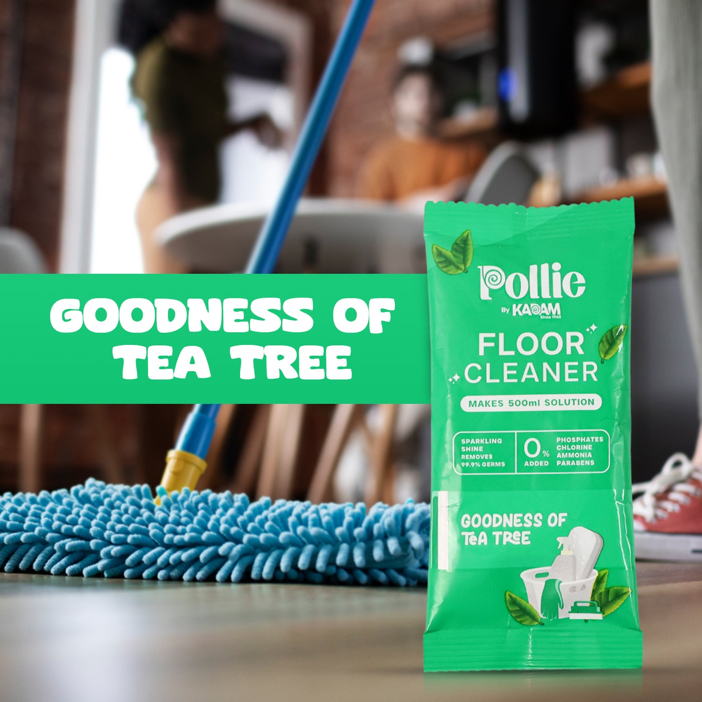 Pollic Kadam concentrated floor cleaner sachet by Wukusy with tea tree fragrance, 50g, for effective home floor cleaning.