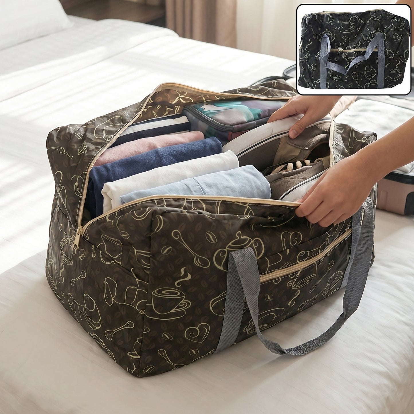 Wukusy foldable storage bag with handles, 45x30cm, versatile travel organizer open showing multiple compartments and sturdy material.