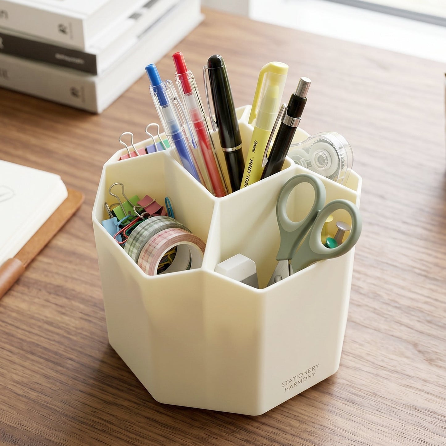 Wukusy 360-degree rotating desk organizer with multiple compartments for keeping workspace tidy and organized.