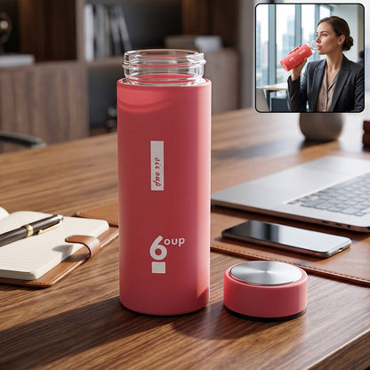 Wukusy premium glass water bottle with silicone sleeve and leak-proof cap, 400ml, clear design showing the bottle and cap.