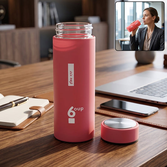 Wukusy premium glass water bottle with silicone sleeve and leak-proof cap, 400ml, clear design showing the bottle and cap.