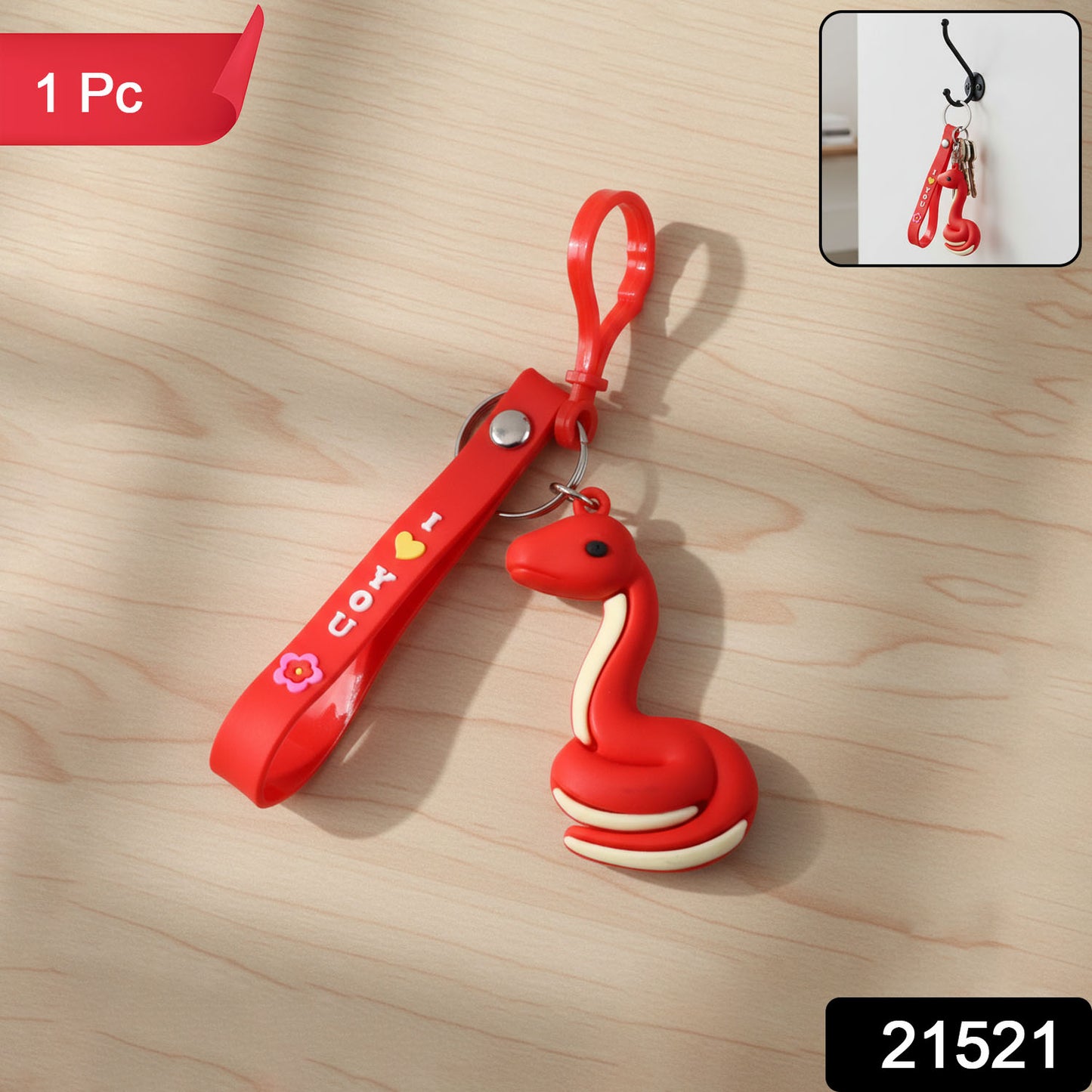 Cute cartoon snake keychain by Wukusy featuring a colorful snake design on a metal keyring.