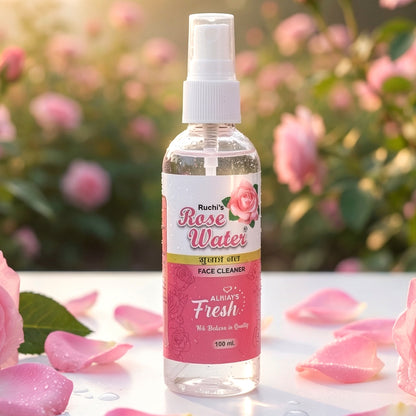 Wukusy Rose Water Face Mist spray in 100ml, featuring a clear bottle with a rose-colored label and a spray nozzle for refreshing skin.