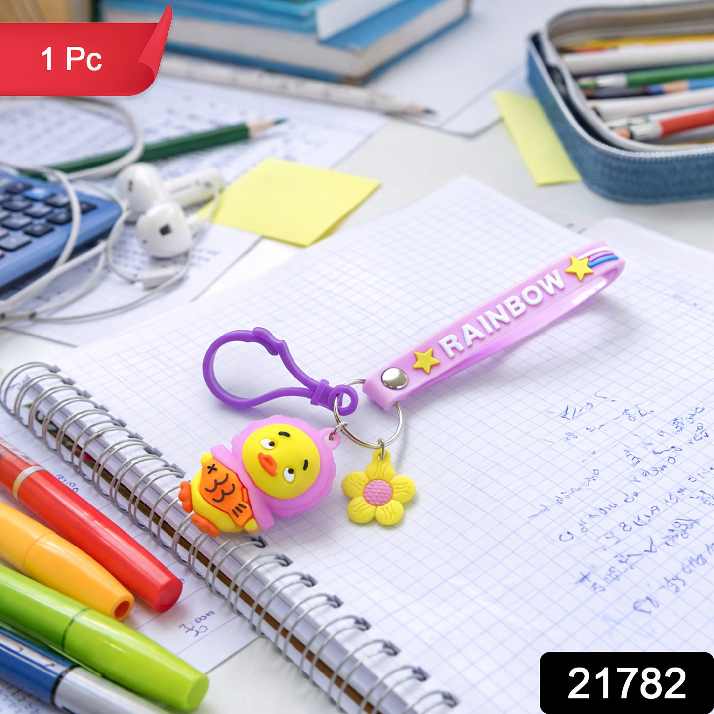 Cute rainbow strap cartoon duck keychain by Wukusy hanging on a keyring with colorful details.