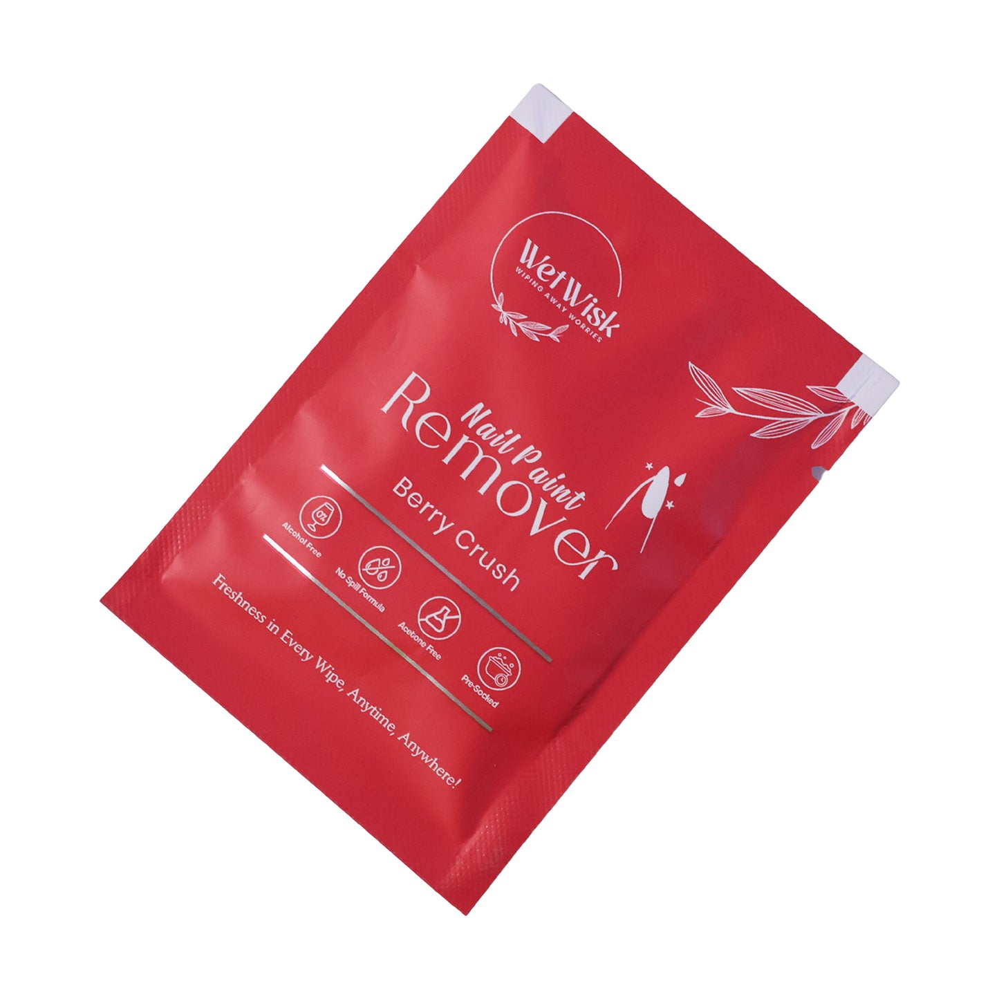 Wukusy acetone-free nail paint remover wet wipe showing gentle nail care formula and soft, moist wipe for easy nail polish removal