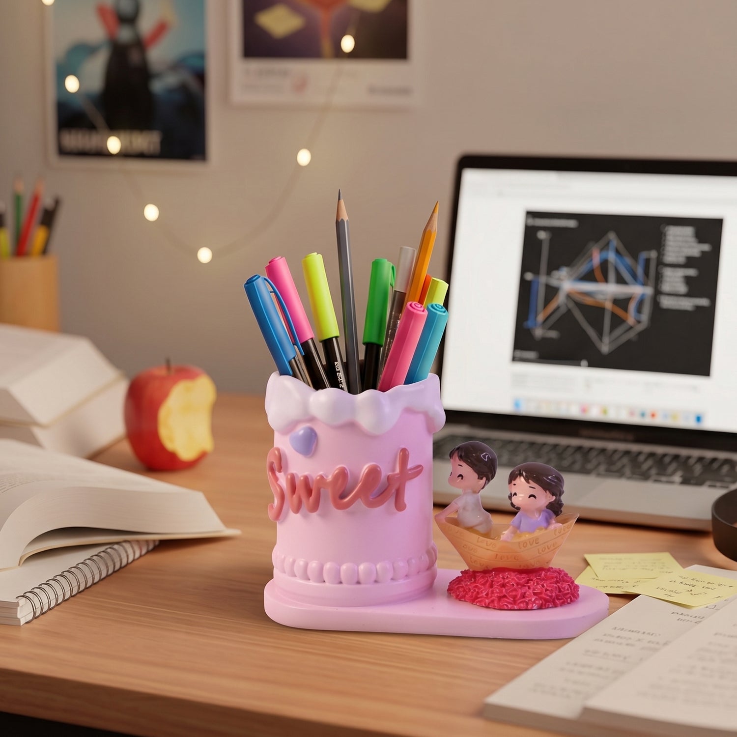 Wukusy romantic love couple resin desk organizer with pen holder, featuring a detailed romantic couple sculpture for office decor.