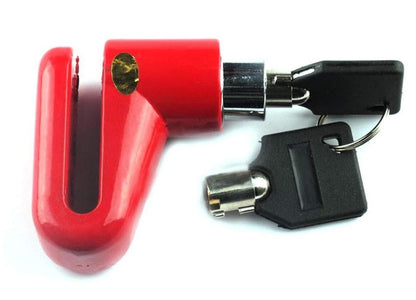 Wukusy 1514 wheel padlock disc lock for motorcycle and scooter security, showing the sturdy lock on a bike wheel.