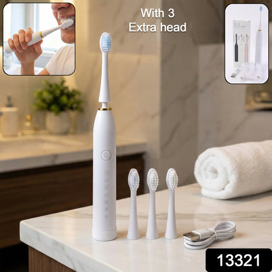 Wukusy rechargeable electric toothbrush in white with three extra brush heads, showing the toothbrush and replacement heads.