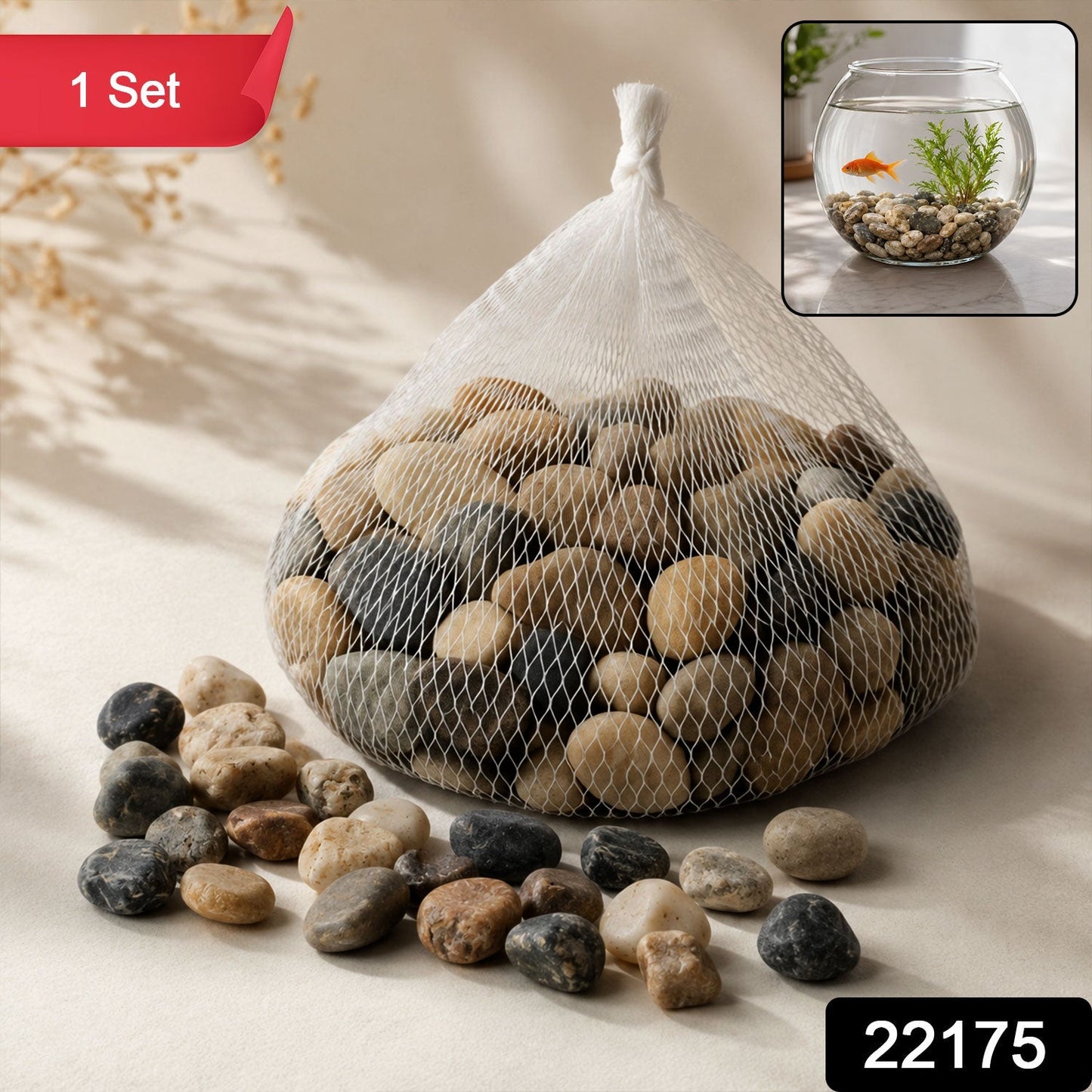 Set of decorative natural pebble stones by Wukusy, ideal for aquariums, vases, gardens, and home decor arrangements.