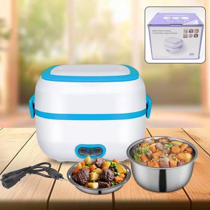 Wukusy 3-in-1 electric lunch box with stainless steel bowls, food heater, cooker, and steamer for home and kitchen use.