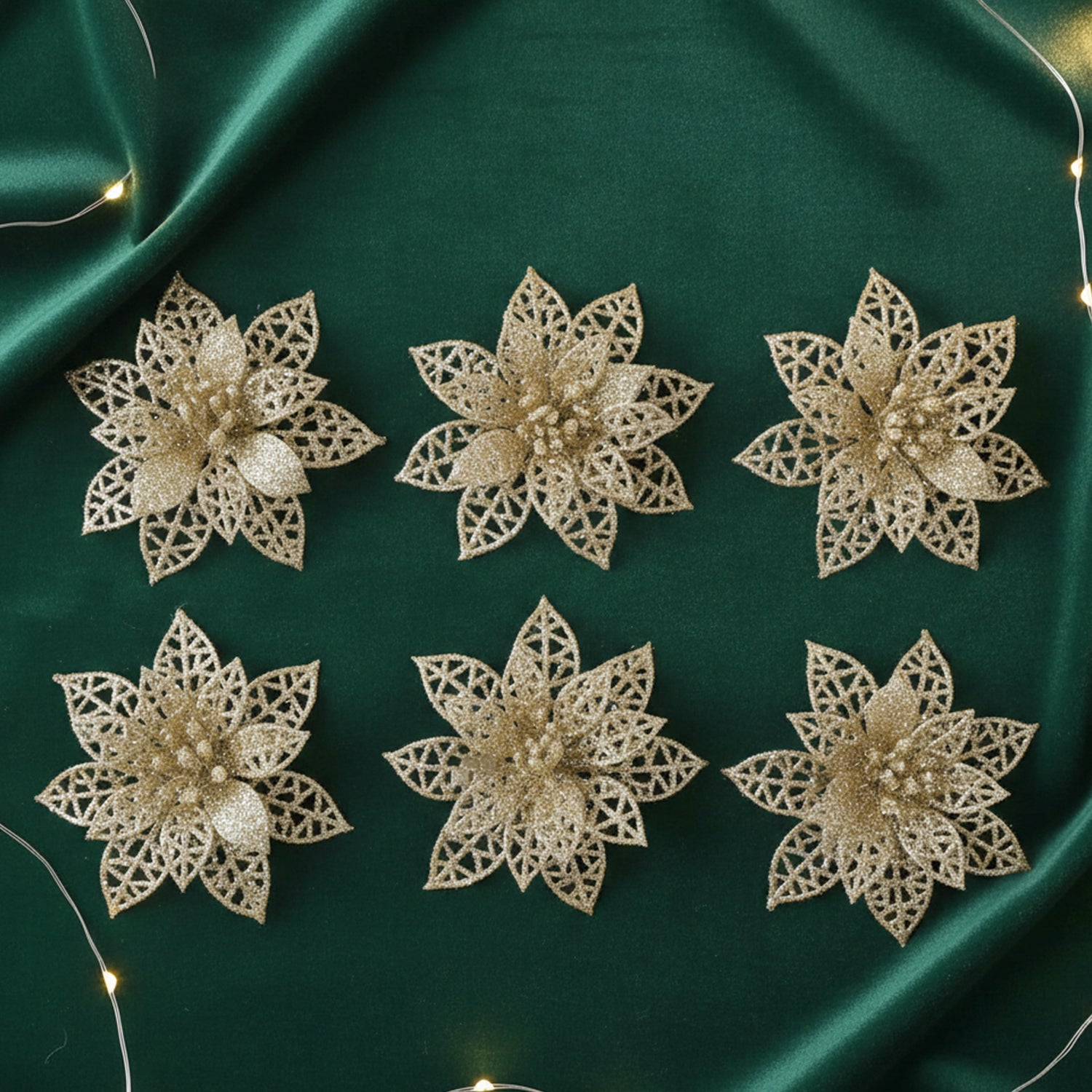 Six colorful glitter flower hair clips by Wukusy, arranged in a mix of vibrant colors for decorative hair accessories.