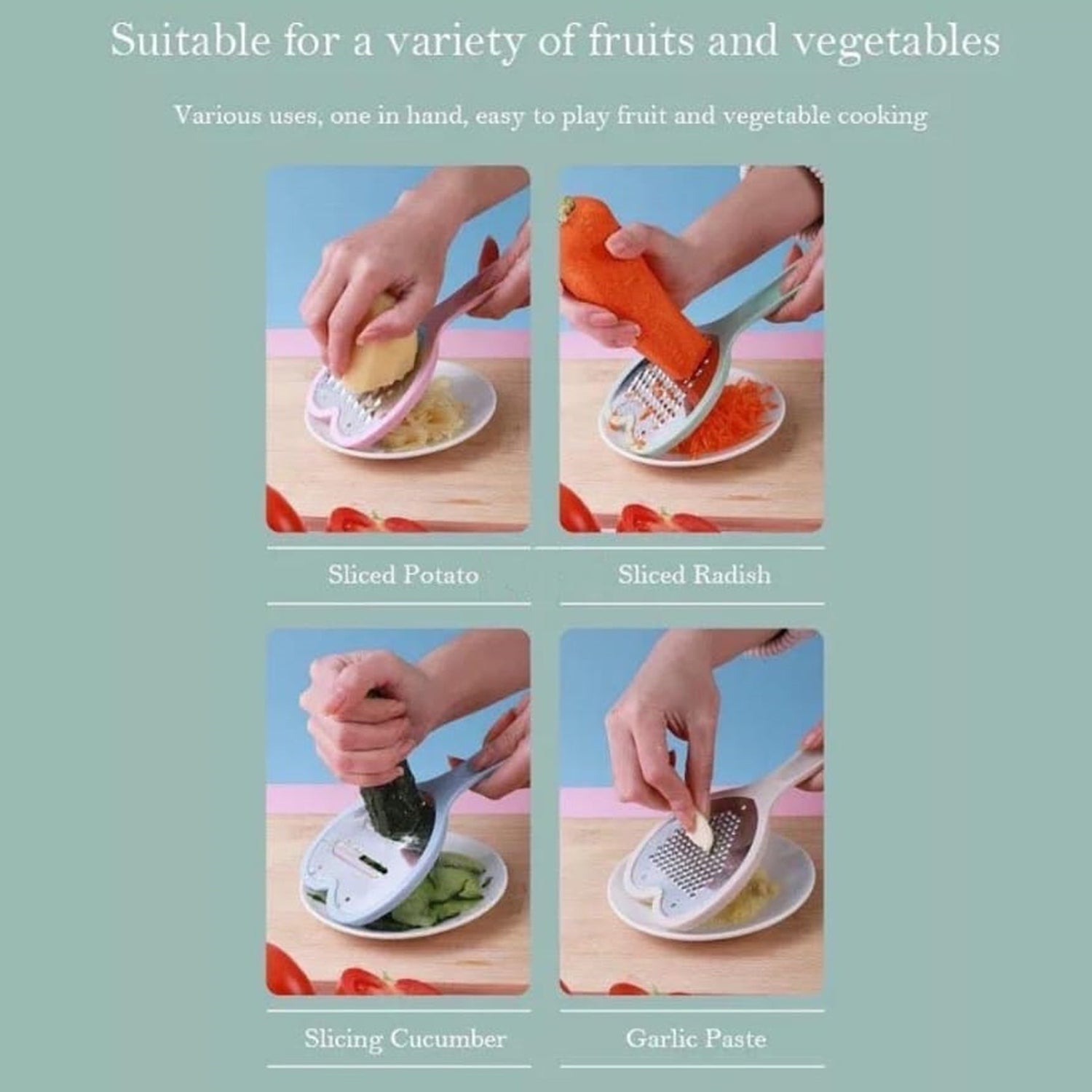 Wukusy Heart Grater Set with slicer for grating and slicing fruits, vegetables, cheese, and more in the kitchen.