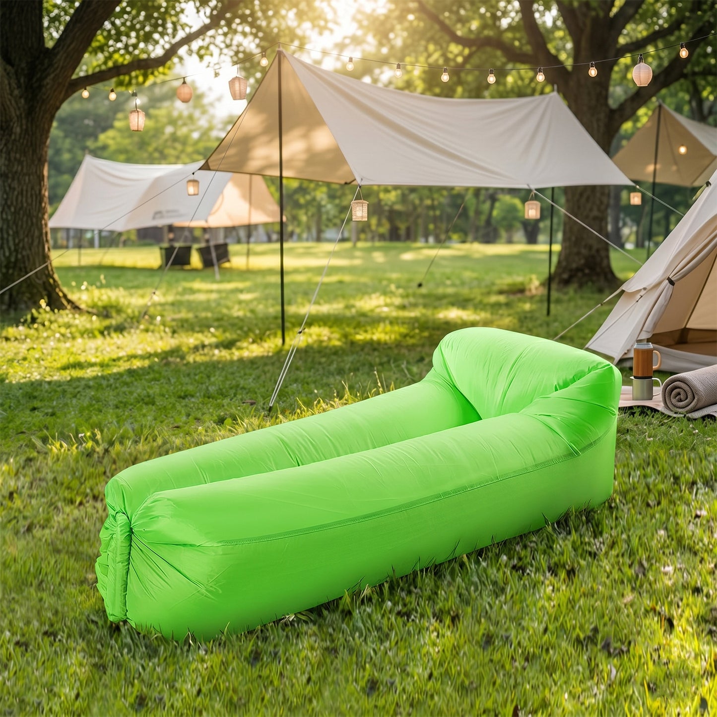 Wukusy inflatable lounger air sofa laid out outdoors, lightweight design, suitable for relaxing or lounging on the grass
