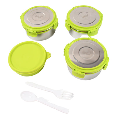 Stainless steel Wukusy Tiffin lunch box with four clip lock lids, air-tight, leak-proof, ideal for office and school meals.