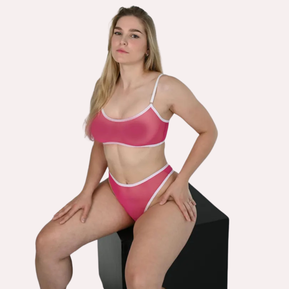Clear Elegance transparent bra and thong set by Snazzyway, featuring sleek, see-through design with delicate straps.