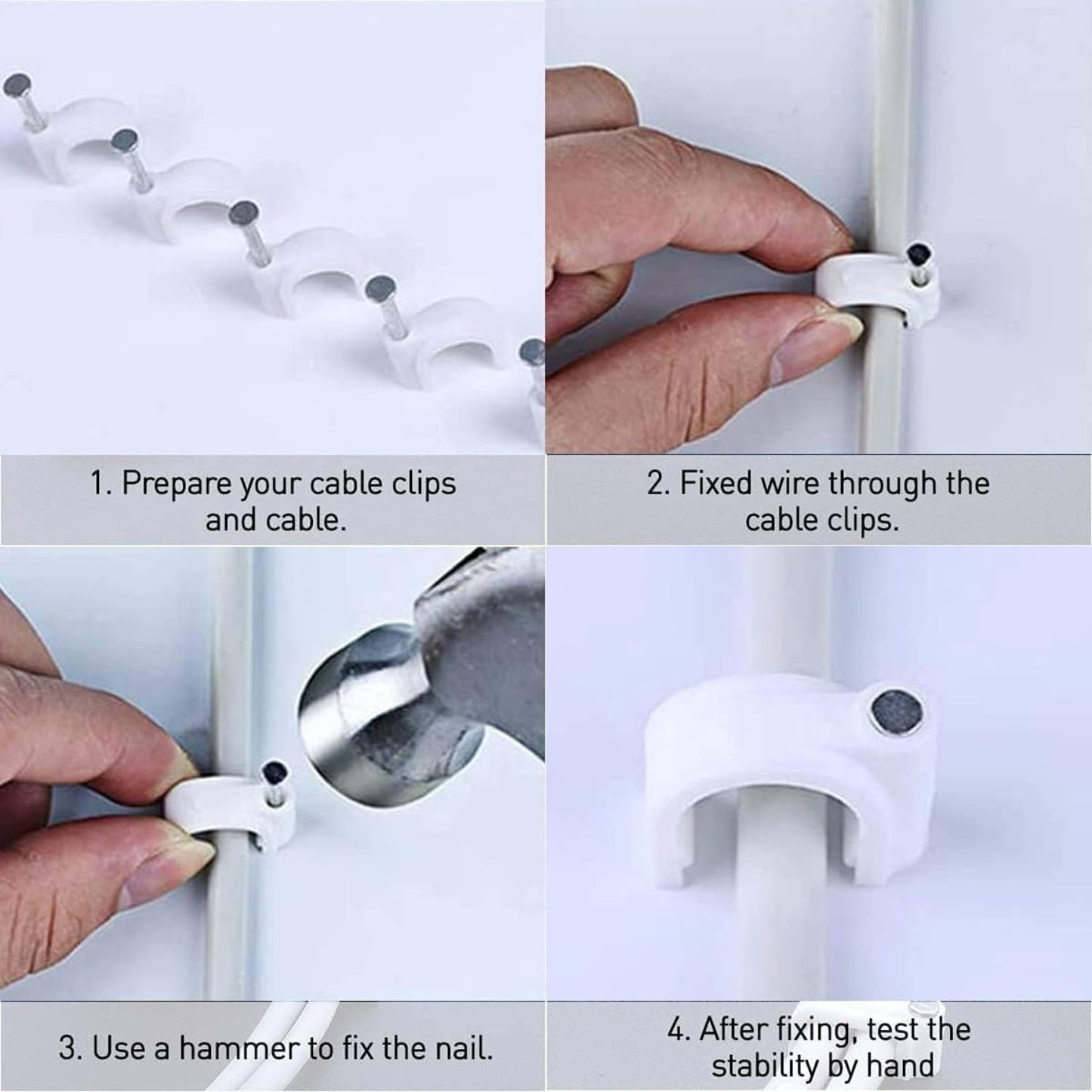 Wukusy premium cable management nail clips for wire organization, 6mm size, 100 pack, showing clips attached to a wall for tidy wiring.