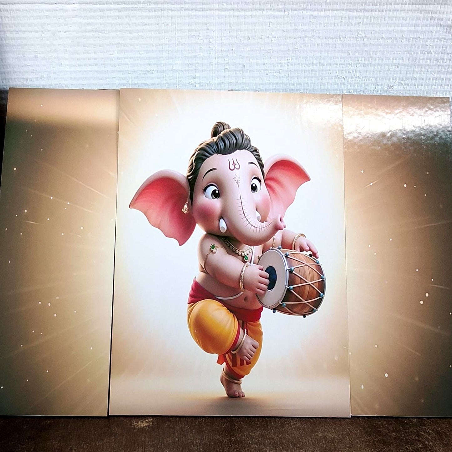 Ganesha 3-panel MDF wall frame decorative religious art, featuring vibrant Hindu deity design, 16.5x12 inches, by Wukusy.