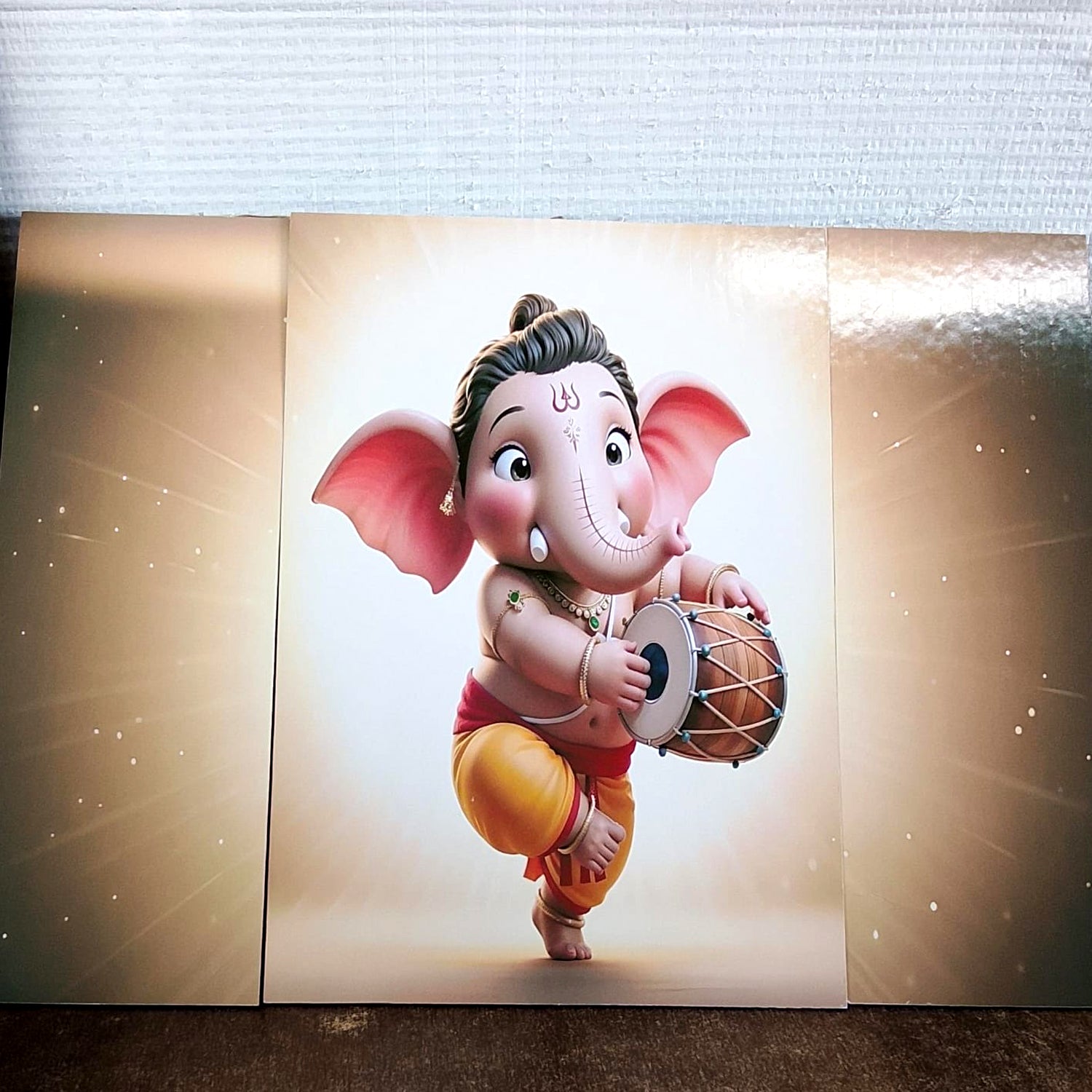 Ganesha 3-panel MDF wall frame decorative religious art, featuring vibrant Hindu deity design, 16.5x12 inches, by Wukusy.