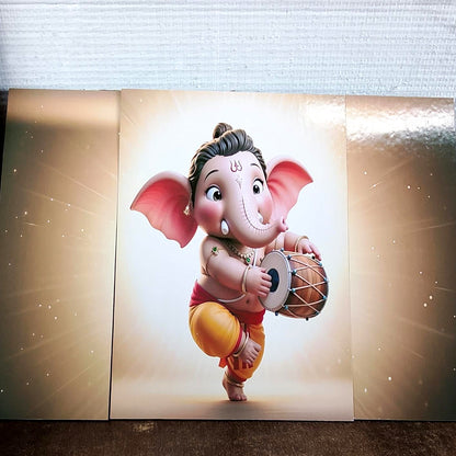 Ganesha 3-panel MDF wall frame decorative religious art, featuring vibrant Hindu deity design, 16.5x12 inches, by Wukusy.