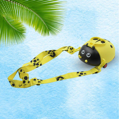 Wukusy plastic bug-shaped water bottle with straw, adjustable strap, 4-wheel design, ideal for kids' school drinks.