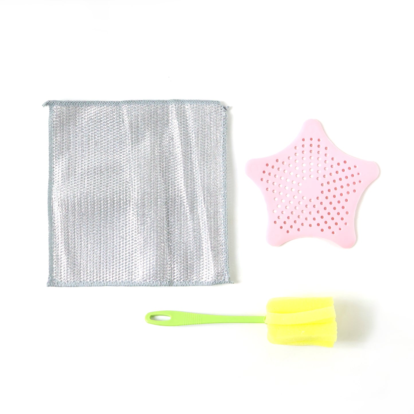 Wukusy 3-in-1 kitchen cleaning combo set including scrub brush, sponge, and cleaning cloth on a countertop.