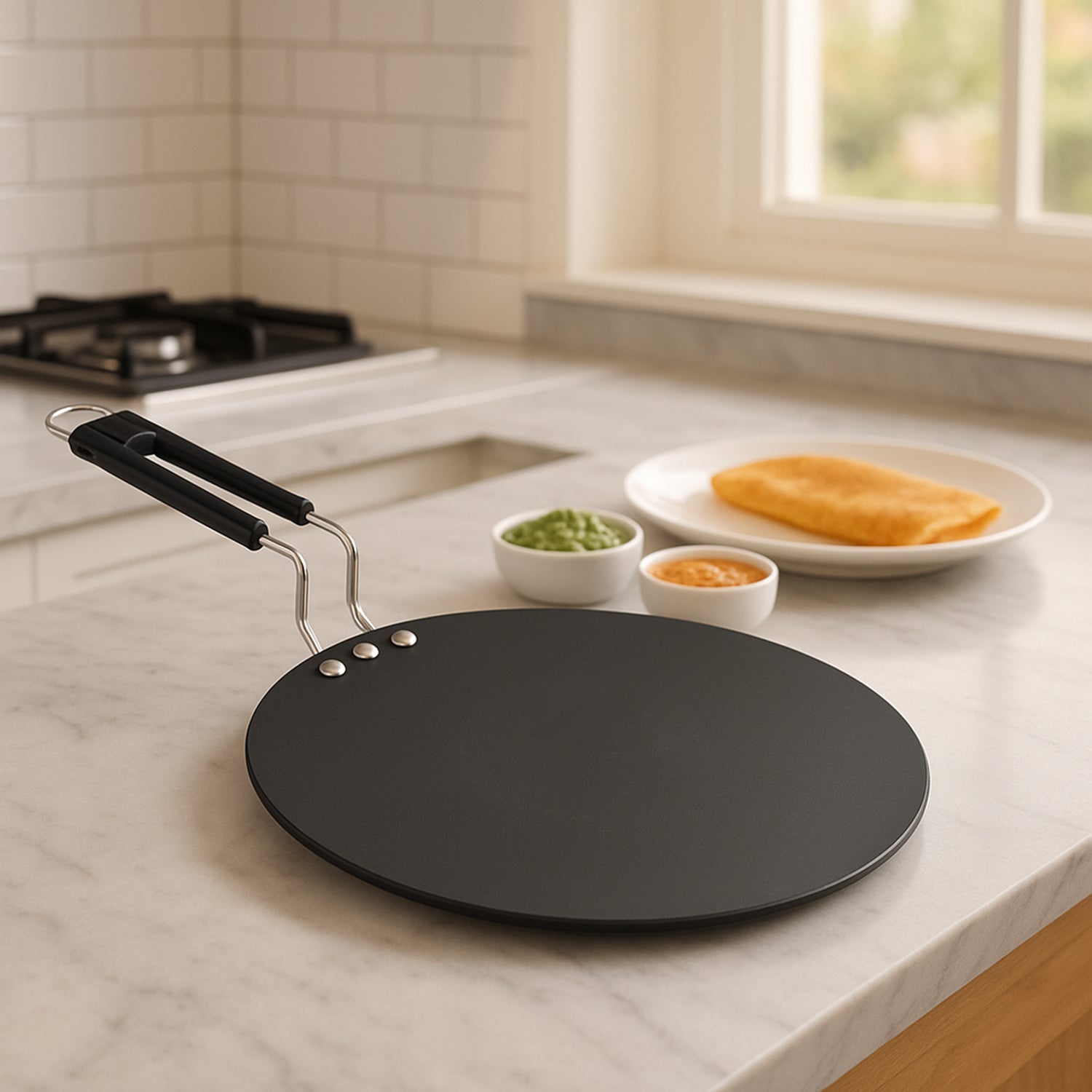Wukusy 9-inch compact non-stick flat roti tawa for making Indian bread, with a smooth non-stick surface and sturdy handle.