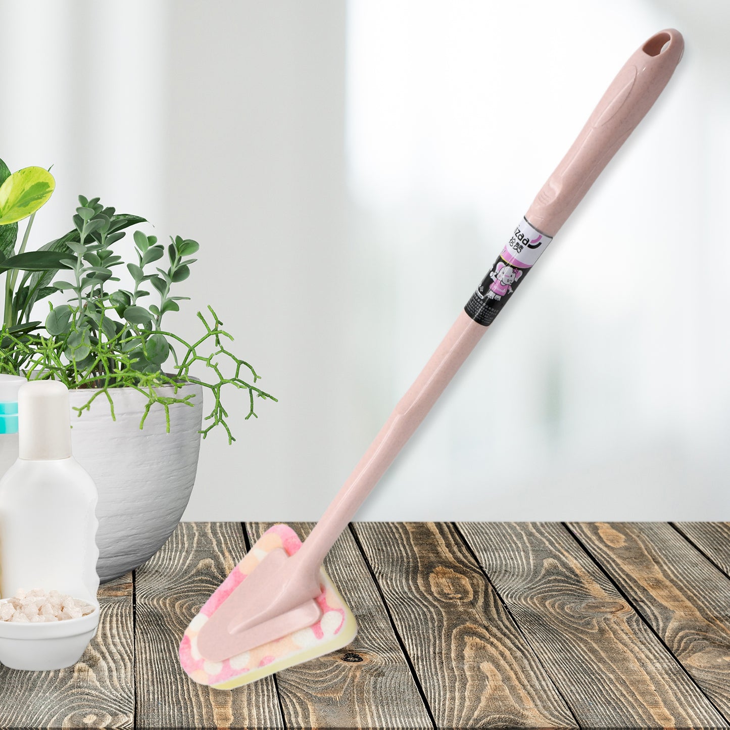 Wukusy 7223a universal triangular kitchen and bathroom sponge cleaning brush with handle for kitchen, bathroom, and dining surfaces