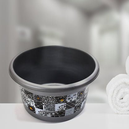 Wukusy 7-piece large capacity plastic bathroom set including tub, bucket, dustbin, mug, soap case, dustpan, and stool.
