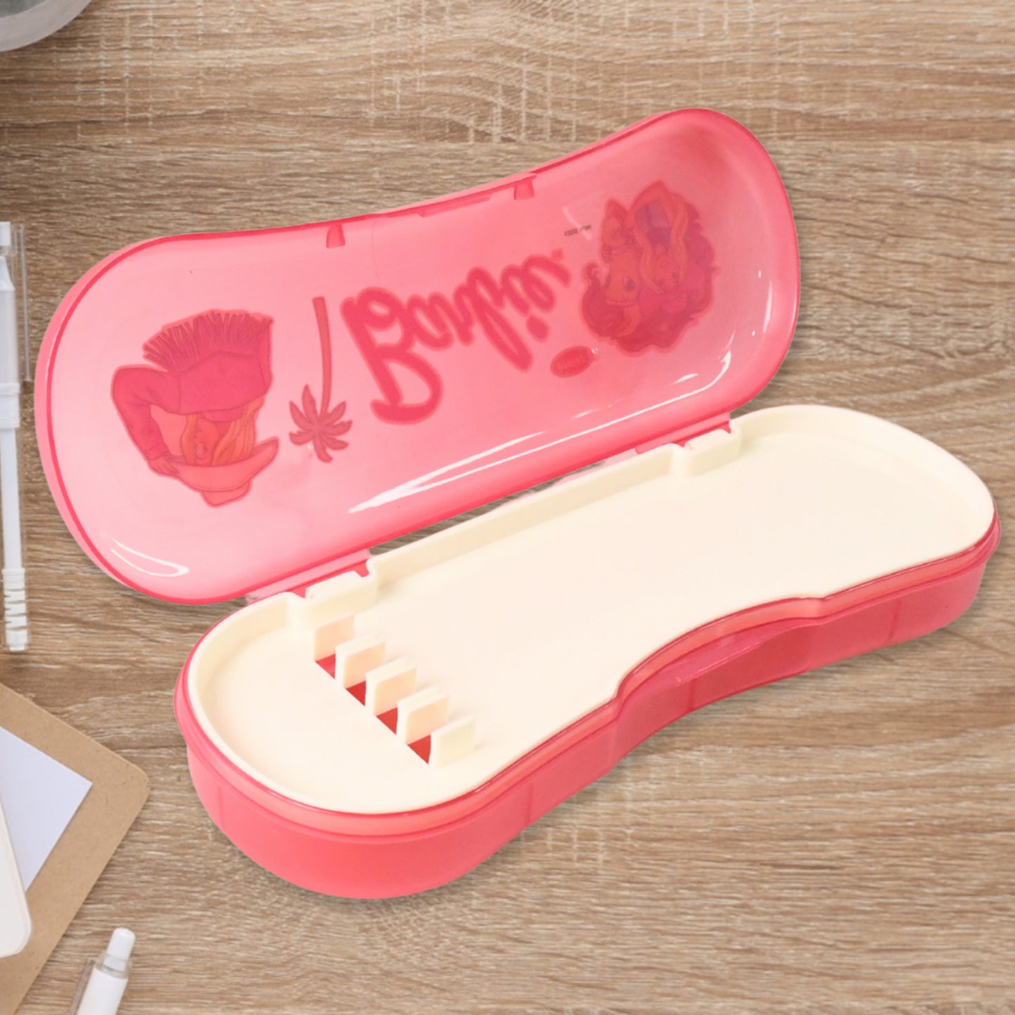 Colorful cartoon printed plastic compass box for kids, ideal for organizing office supplies and stationery.