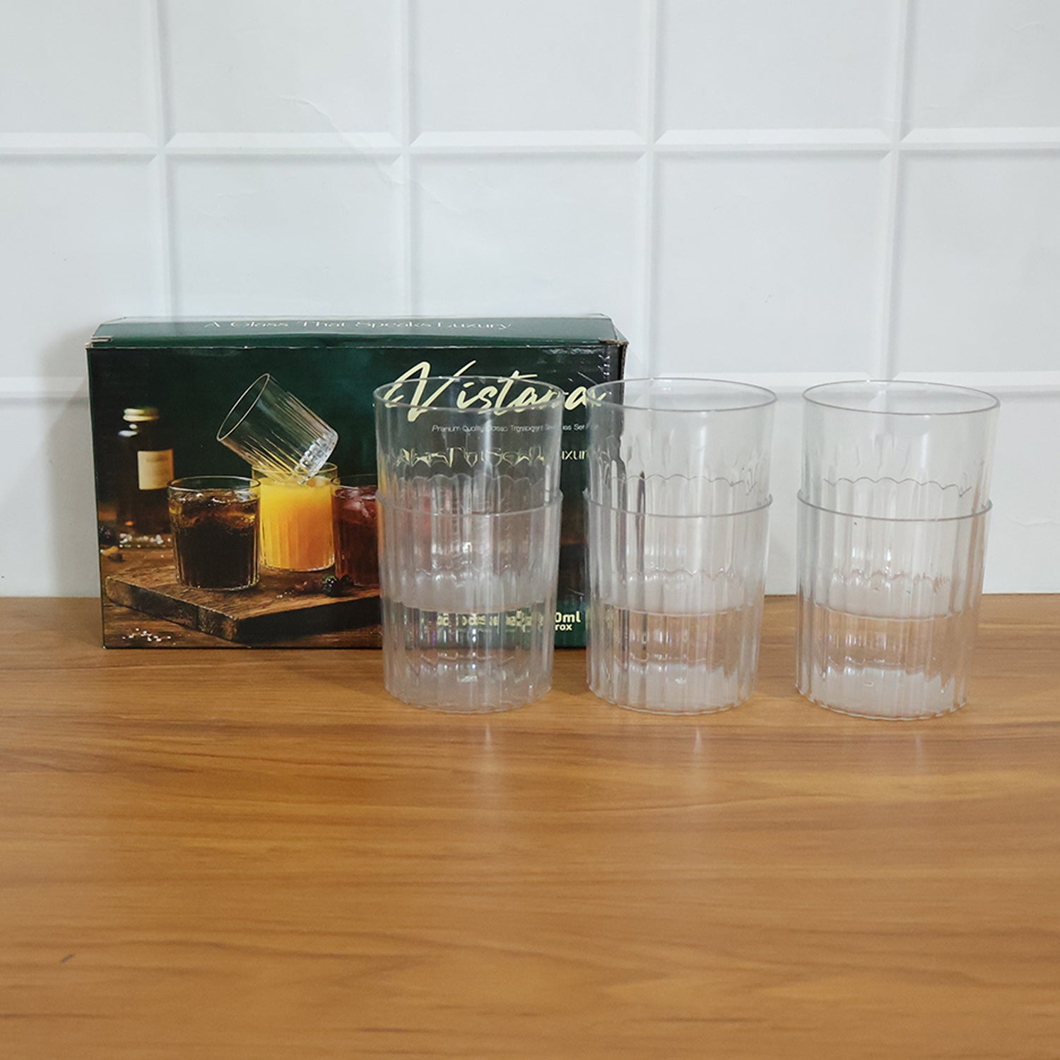 Set of six transparent drinking glasses with a 300 ml capacity from Wukusy, perfect for beverages and casual dining.