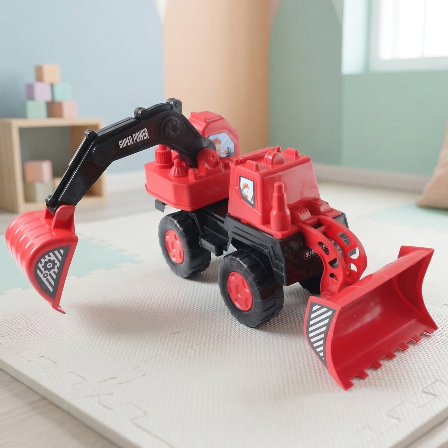 Wukusy Mega Mover construction excavator toy truck for kids, detailed plastic construction vehicle with moving parts and bright colors.