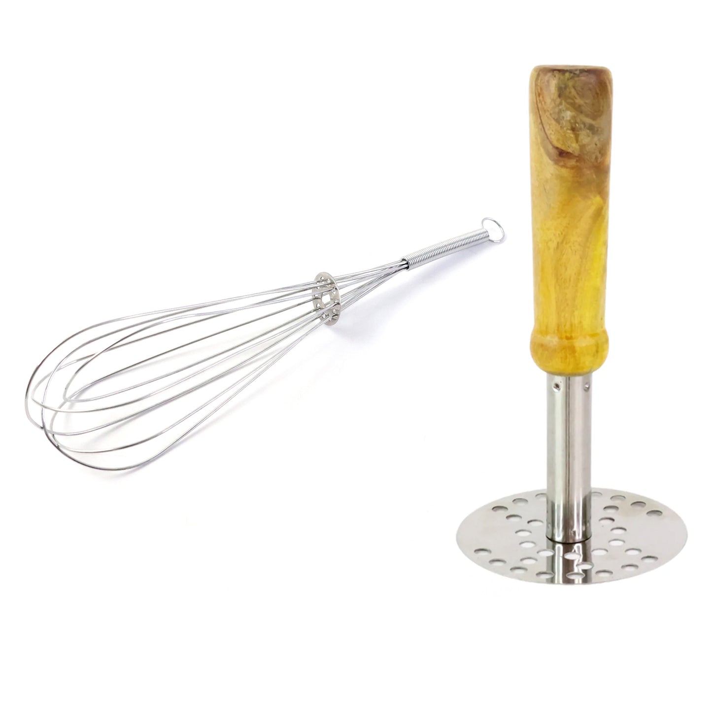 Wukusy manual stainless steel whisk and pav bhaji potato masher combo set, 2-piece kitchen tools for mixing and mashing.