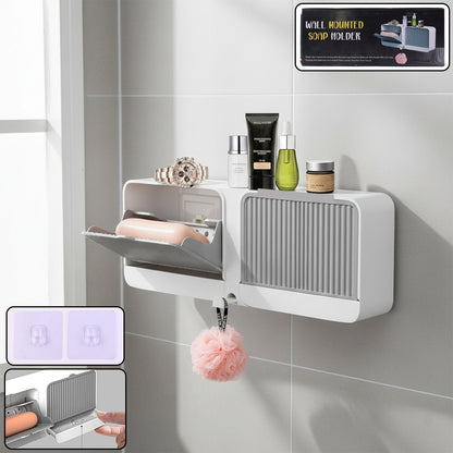 Wall-mounted Wukusy 4-compartment bathroom storage soap holder with multiple compartments for organized bathroom essentials.