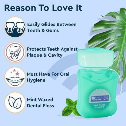 Wukusy Mint Waxed Dental Floss, 50 meters, showing the sleek packaging and dental floss strand for oral health.
