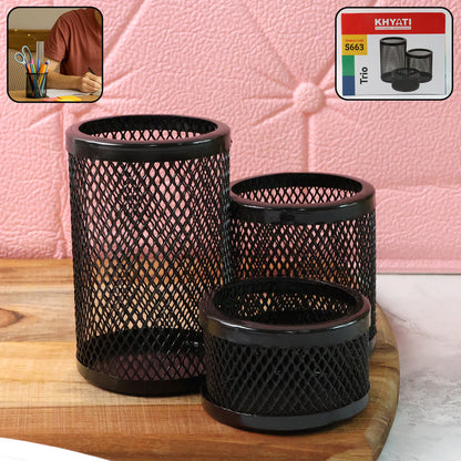 Wukusy Khyati Trio metal mesh pen stand 3-in-1 round desk organizer set with three compartments for pens, pencils, and stationery.