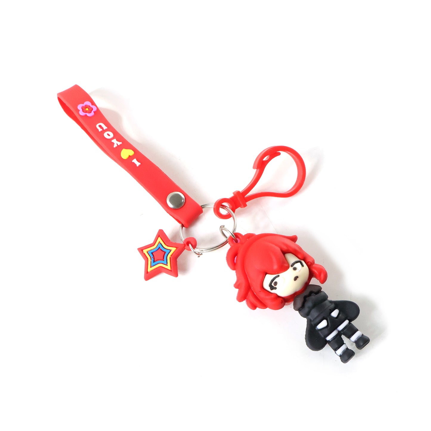 Cute cartoon girl character keychain with strap and decorative charm, featuring colorful design and detailed illustration.