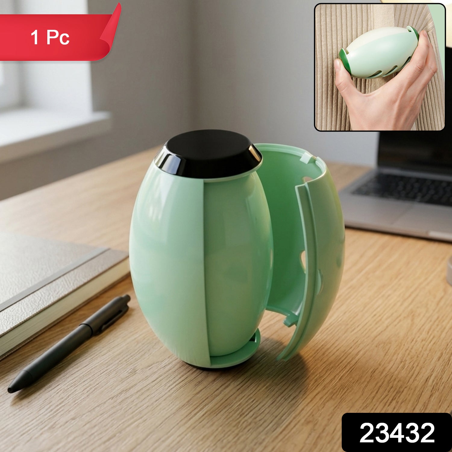 Reusable Wukusy lint roller shown in use on clothing and furniture, eco-friendly and easy-to-use for removing lint and pet hair.