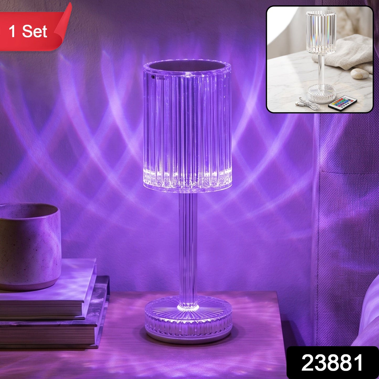 Wukusy touch control RGB crystal LED table lamp with remote, showcasing colorful illuminated crystal design on a sleek surface.