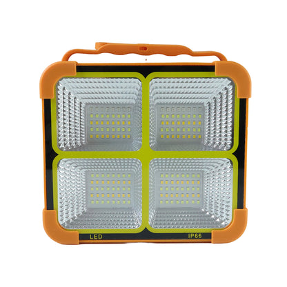 Wukusy high power solar LED flood light with 12000mAh battery, mounted outdoors for bright, energy-efficient lighting.