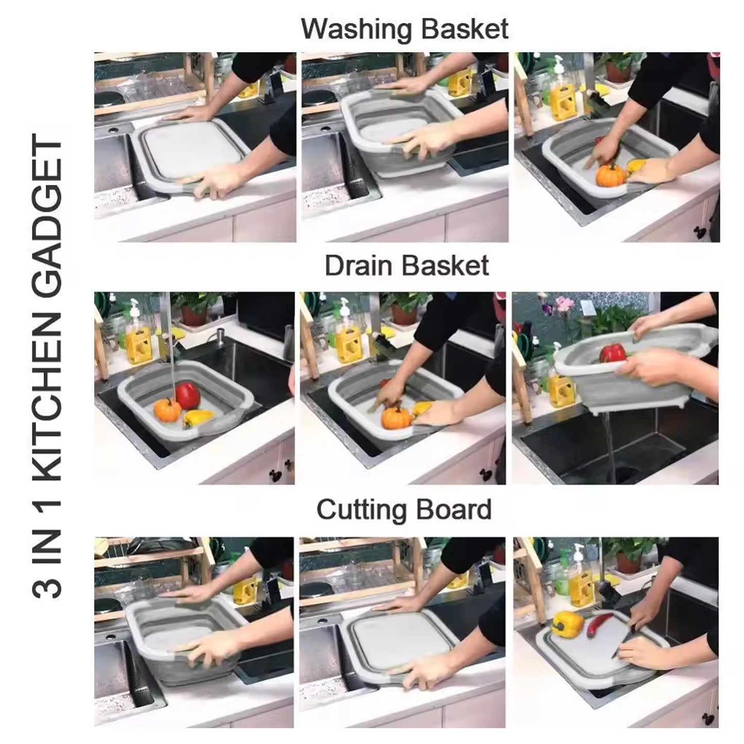 Wukusy collapsible cutting board with built-in dish tub basket for easy food prep and dish washing in the kitchen