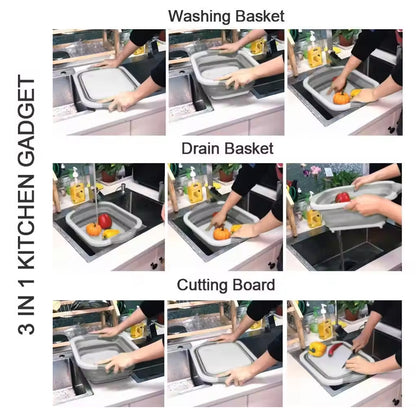 Wukusy collapsible cutting board with built-in dish tub basket for easy food prep and dish washing in the kitchen