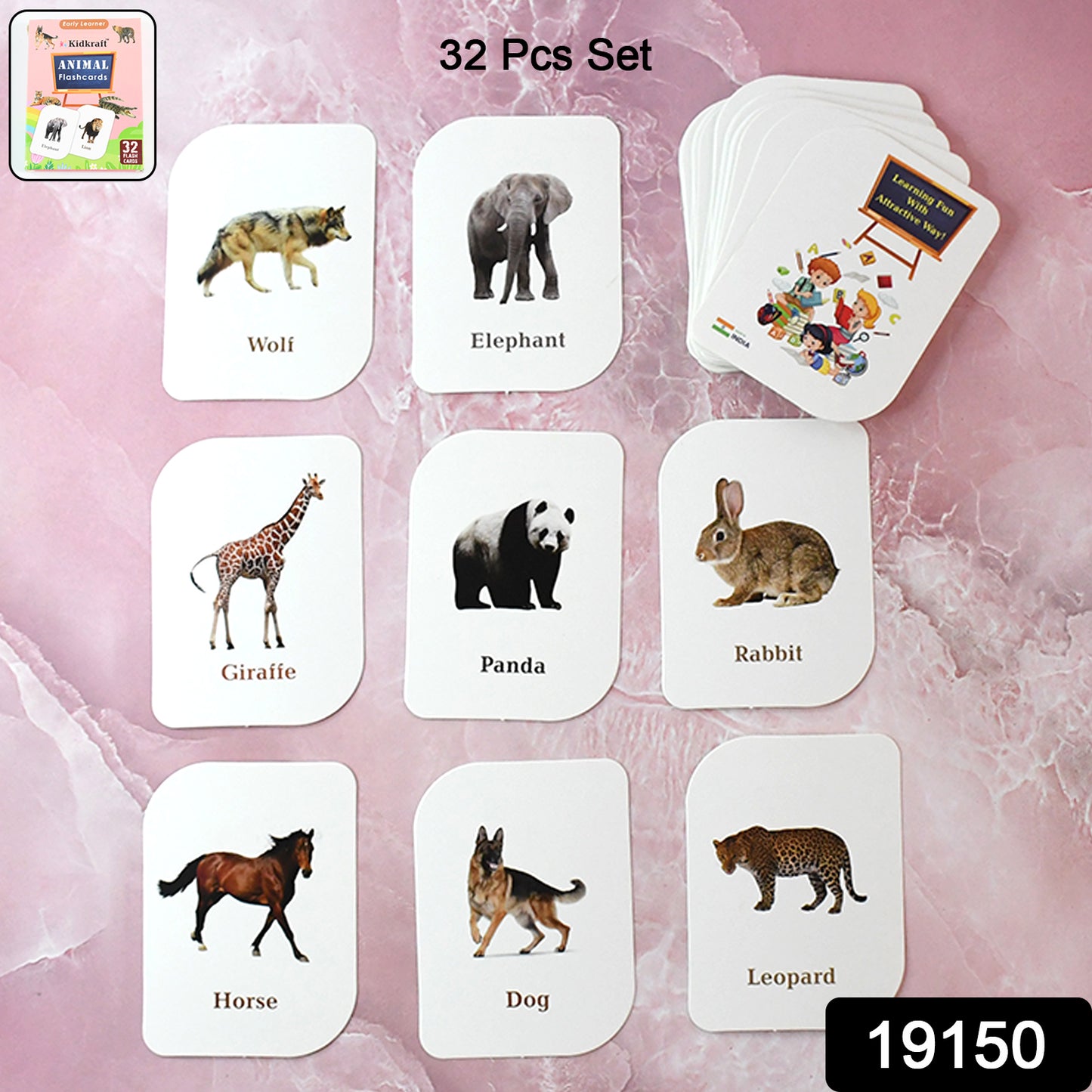 Wukusy Kidkraft 32-piece animal flash cards set for kids, featuring colorful illustrations of various animals on each card.