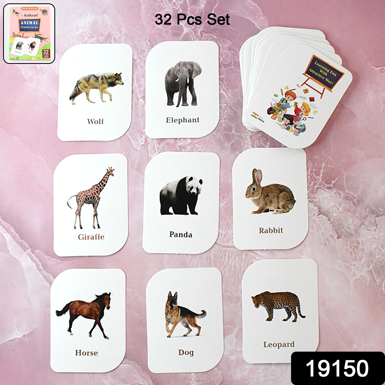 Wukusy Kidkraft 32-piece animal flash cards set for kids, featuring colorful illustrations of various animals on each card.