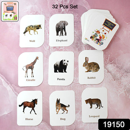Wukusy Kidkraft 32-piece animal flash cards set for kids, featuring colorful illustrations of various animals on each card.