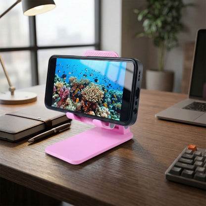 Wukusy adjustable folding desktop mobile phone stand holder displaying a smartphone in portrait orientation.