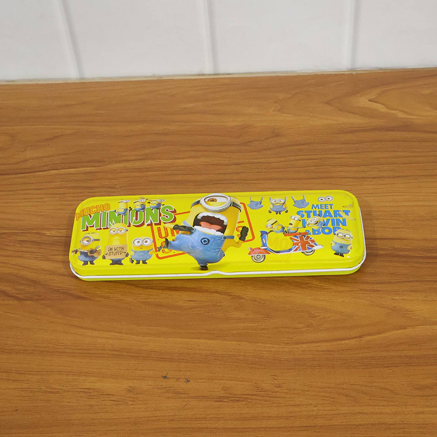 Wukusy cartoon-themed metal pencil box with cute mix design, featuring colorful illustrations and a secure lid for school supplies.