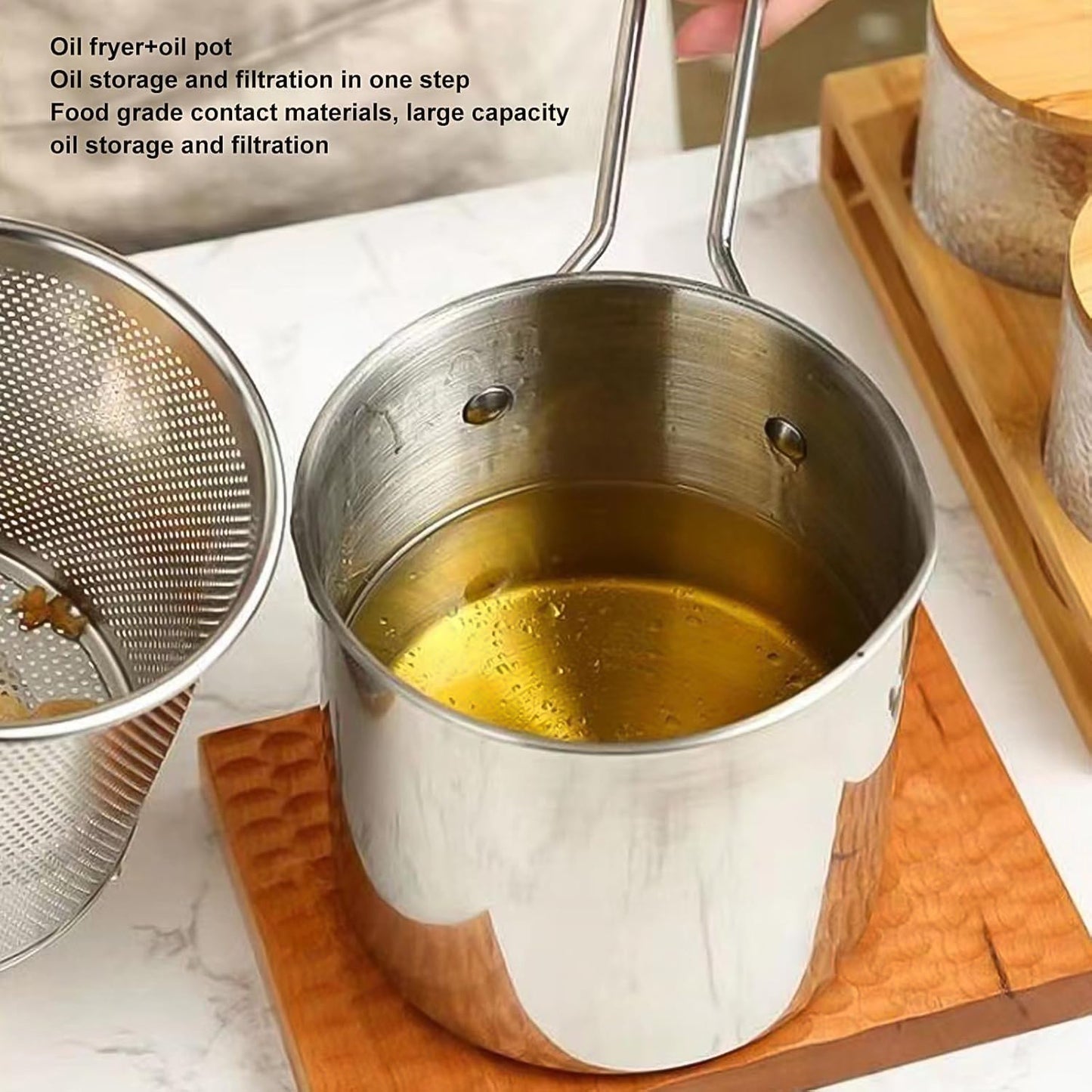 Wukusy small deep frying pot with strainer basket, compact stainless steel cookware for frying and draining food.