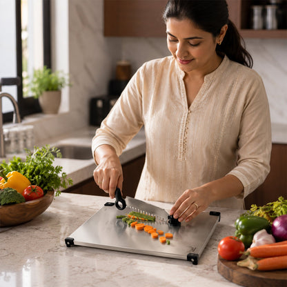 Wukusy stainless steel 2-in-1 cutting and chopping board with knife for kitchen use, featuring a sleek, durable design.