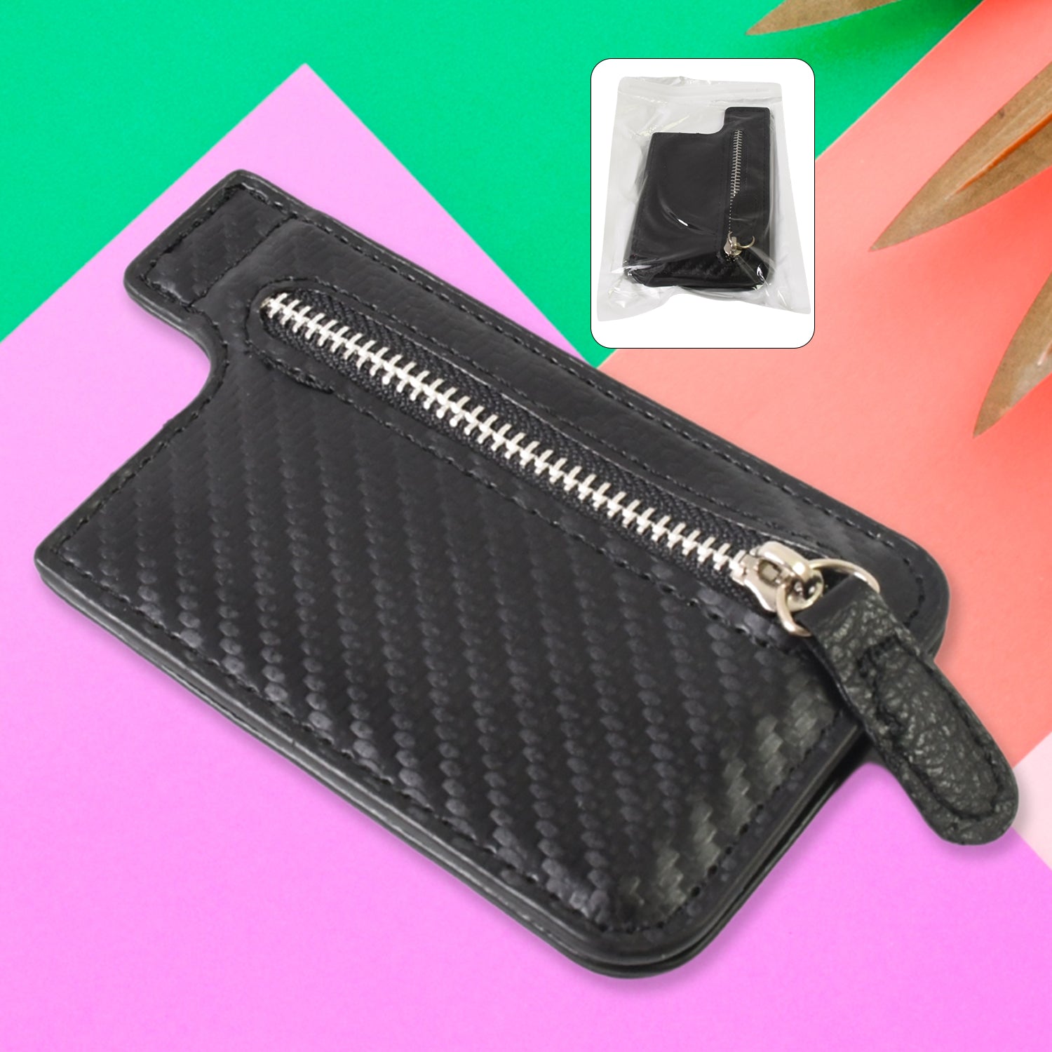 Black adhesive card phone holder attached to a smartphone, showing a slim Wukusy wallet for cards and phone attachment.