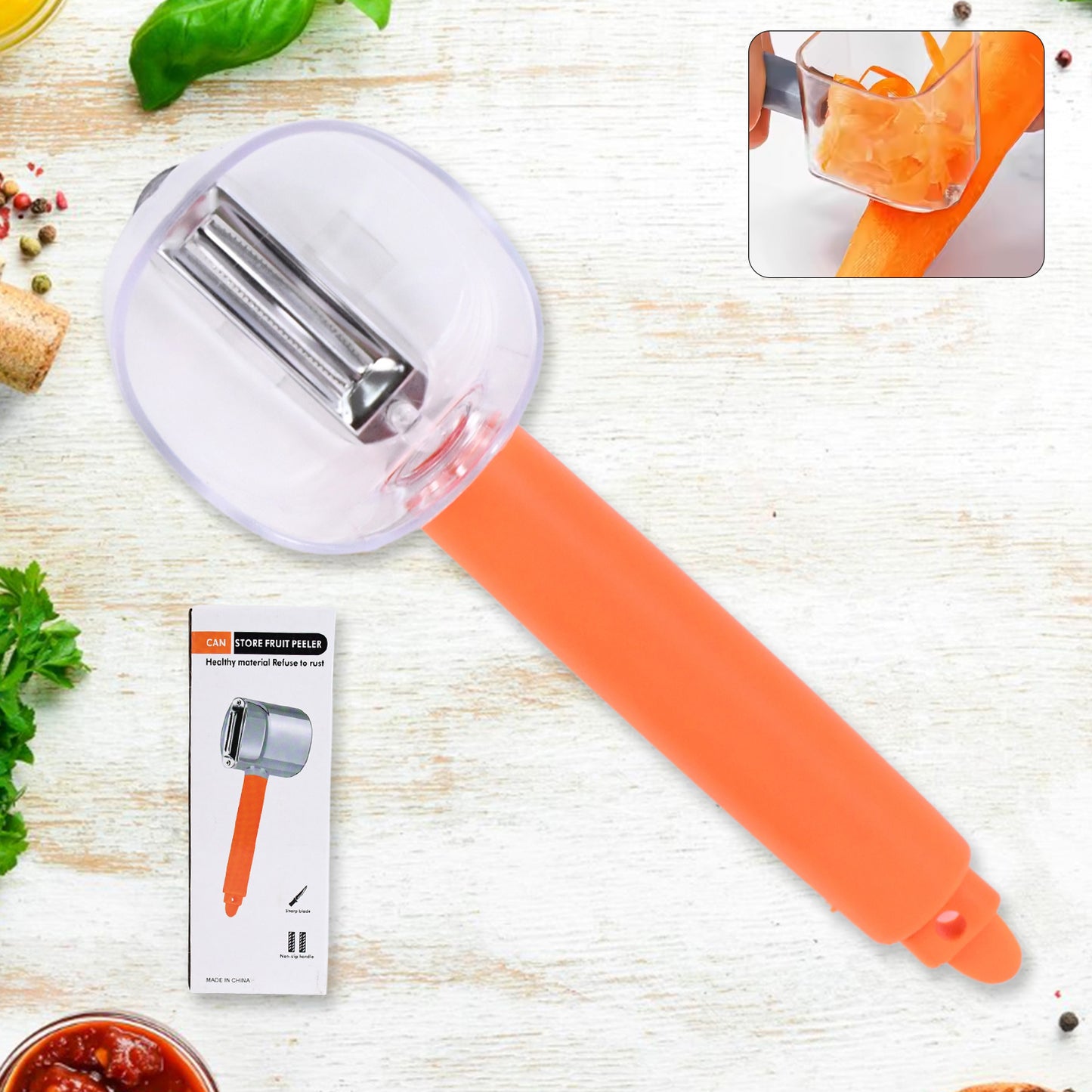 Wukusy stainless steel vegetable peeler with container, ideal for peeling carrots, cucumbers, apples, and fruits in home kitchen.